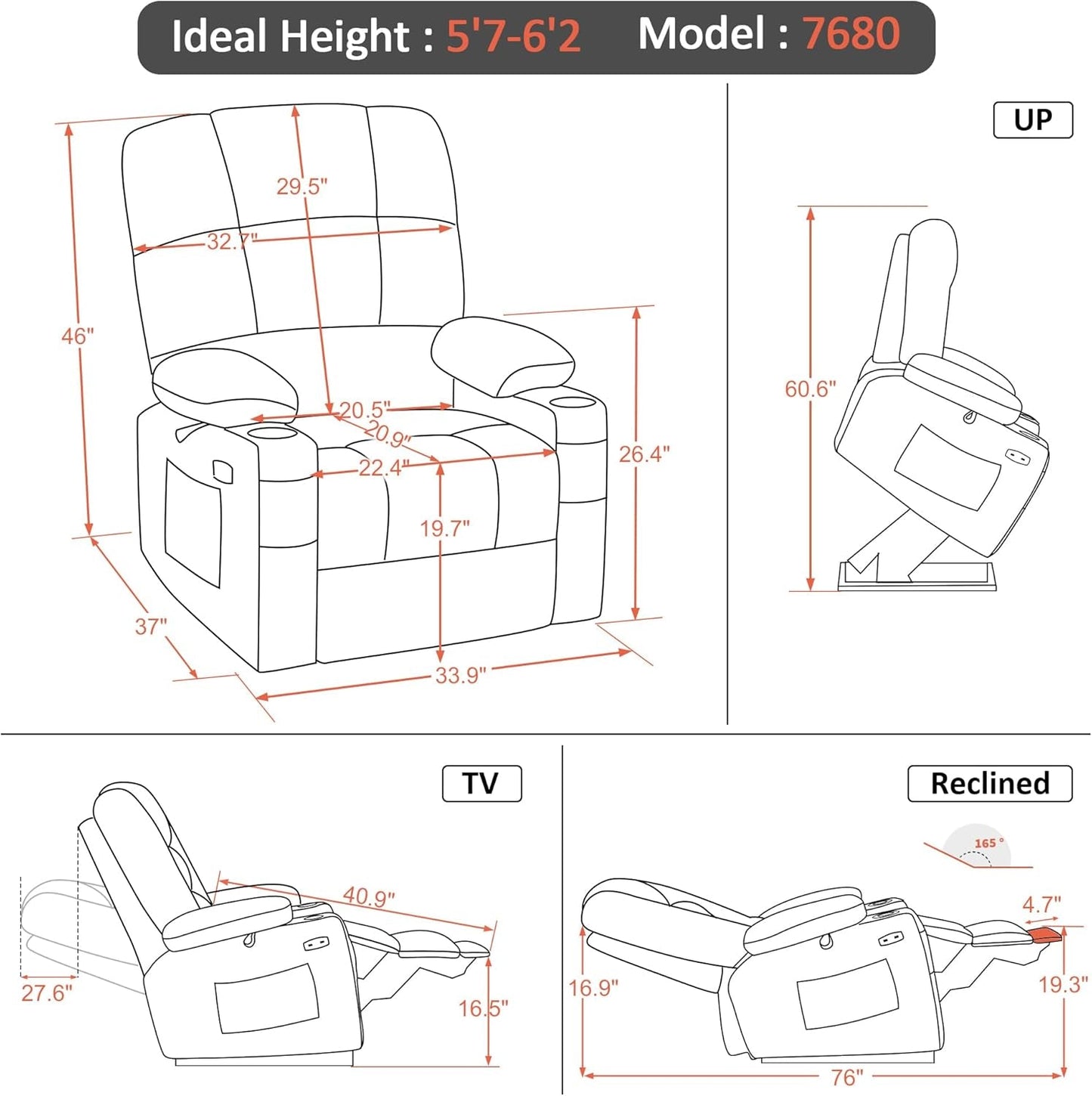 Large Lay Flat Dual Motor Power Lift Recliner Chair Sofa with Massage and Heat