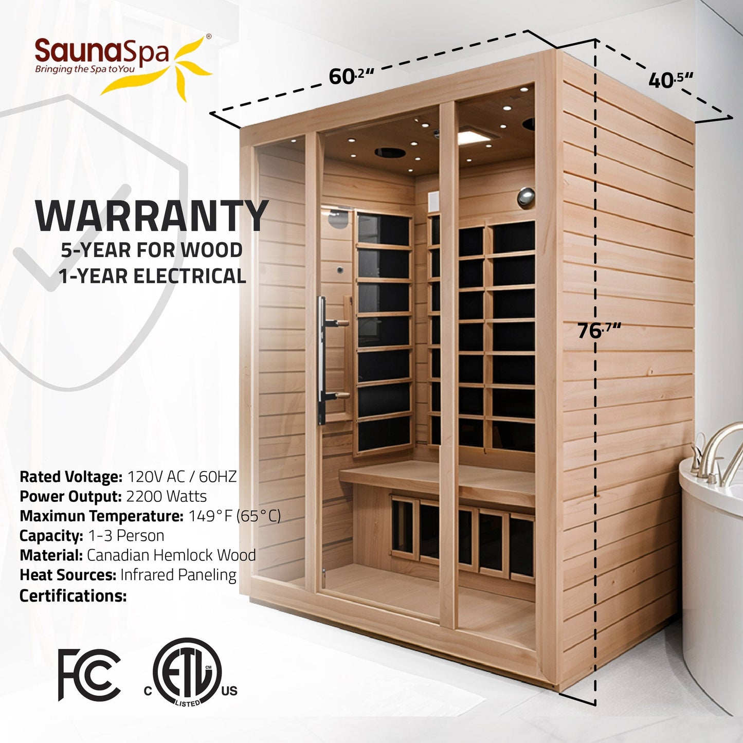 Maldives 3- Person Indoor Hemlock Wooden Carbon FAR Infrared Home Sauna Room with LED Touch Control Panel and Heater
