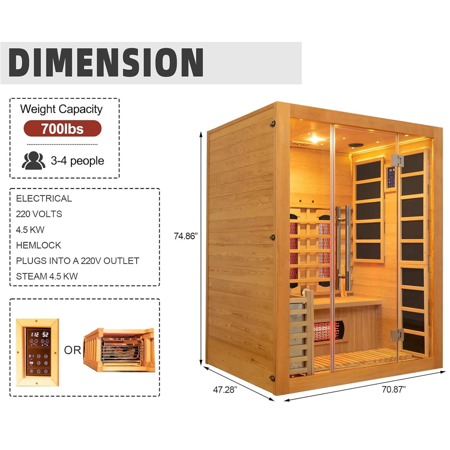 Rövia Aurora 3-Person Indoor Hybrid Sauna Room With Infrared And 4.5KW Steam Heaters (SAK41592)