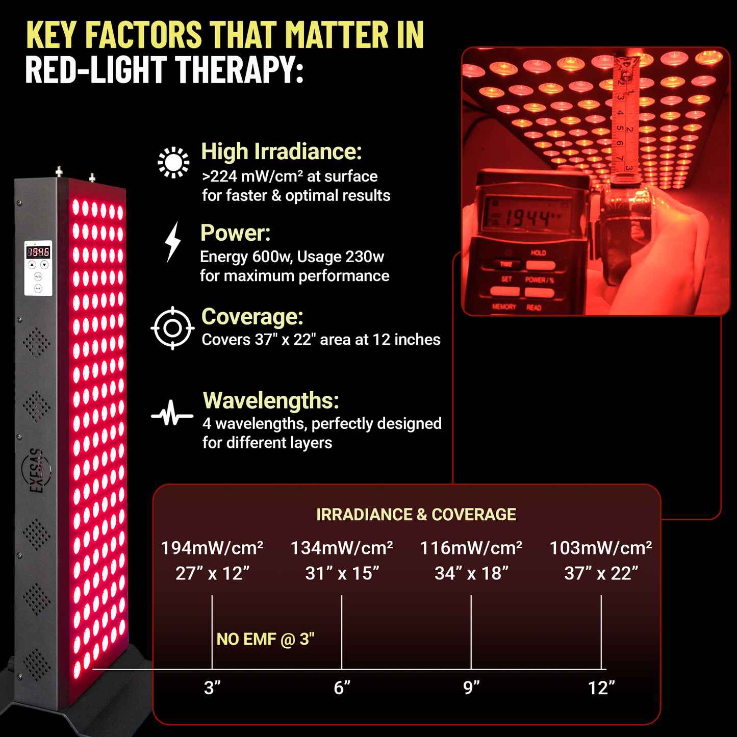EXESAS 600W Red Light Therapy Panel – 120 Dual-Chip LEDs, 4 Wavelengths