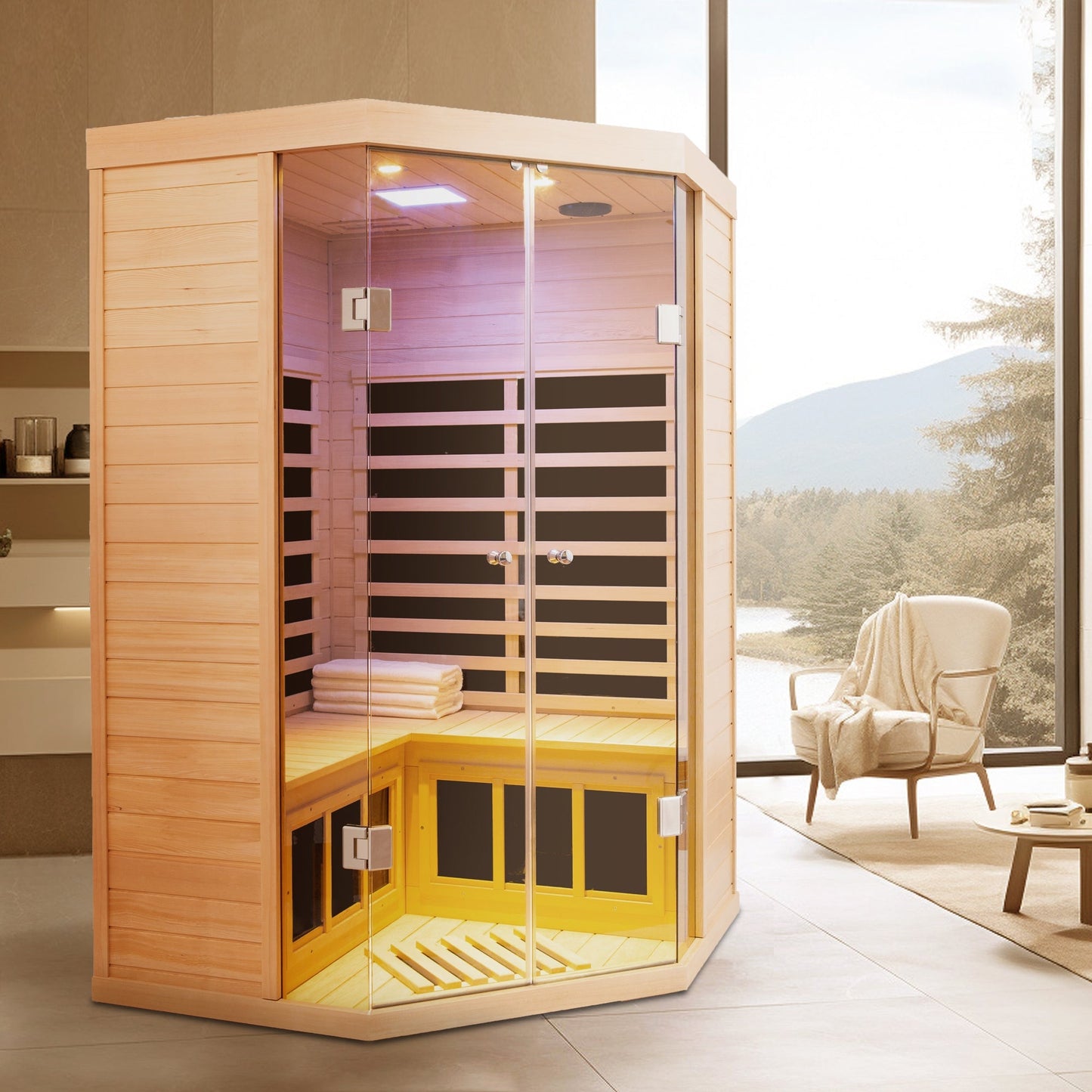 Infrared Corner Sauna Room with Glass Front for 2