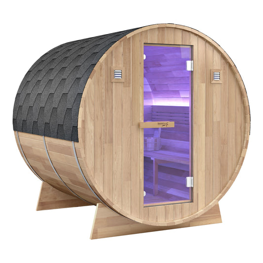 4-6-Person Outdoor Barrel Wet Sauna in White Cedar with Built-in ETL-Certified 6.2kW Sauna Rock Heater, and Bitumen Shingle Roof