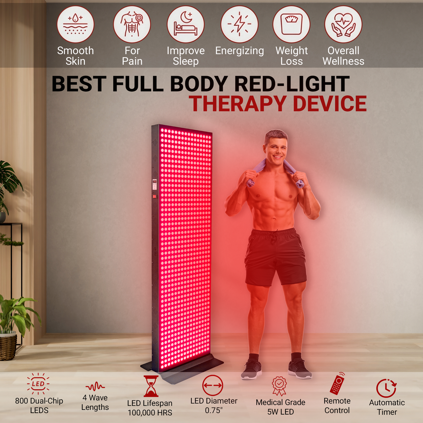 EXESAS 4000W Full Body Red Light Therapy Panel – 800 LEDs | 4 Wavelengths