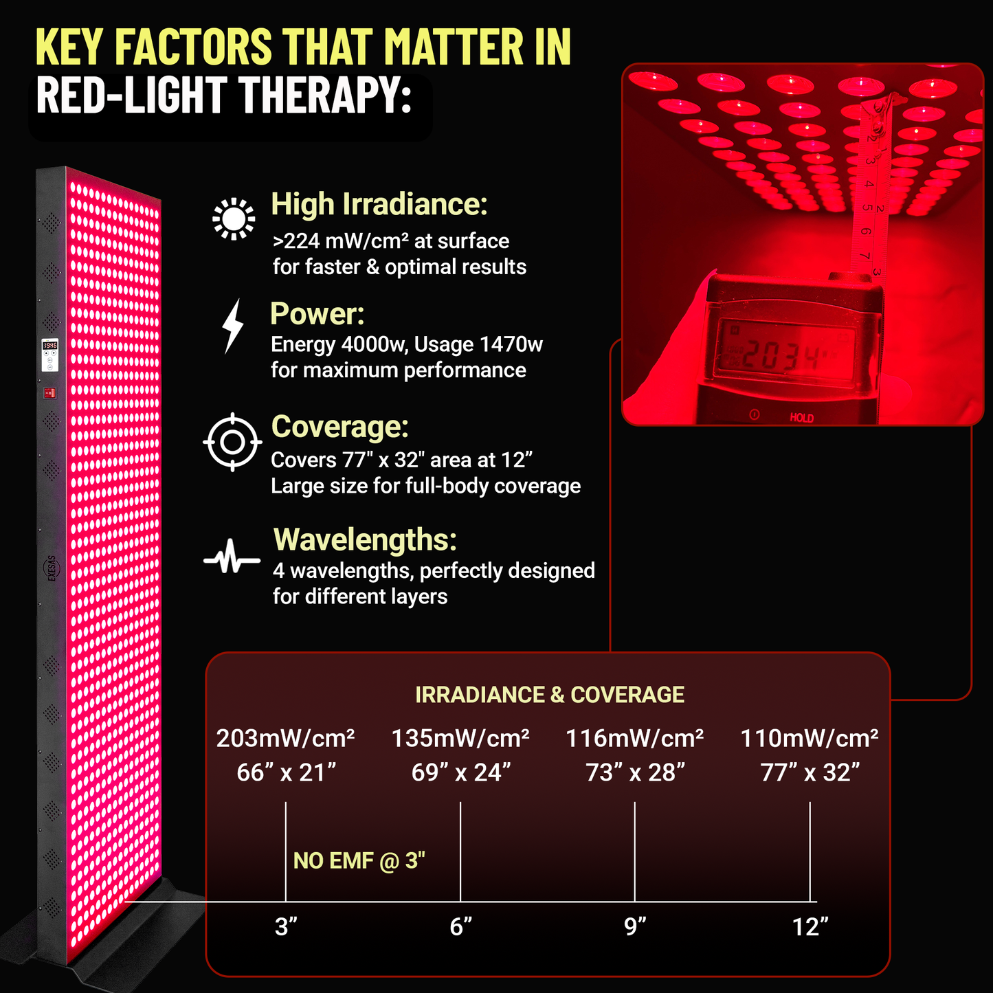 EXESAS 4000W Full Body Red Light Therapy Panel – 800 LEDs | 4 Wavelengths