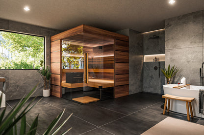 Thermasol Astra - Glass and Wood Panel Corner Layout, 3-4 Person, Indoor Sauna
