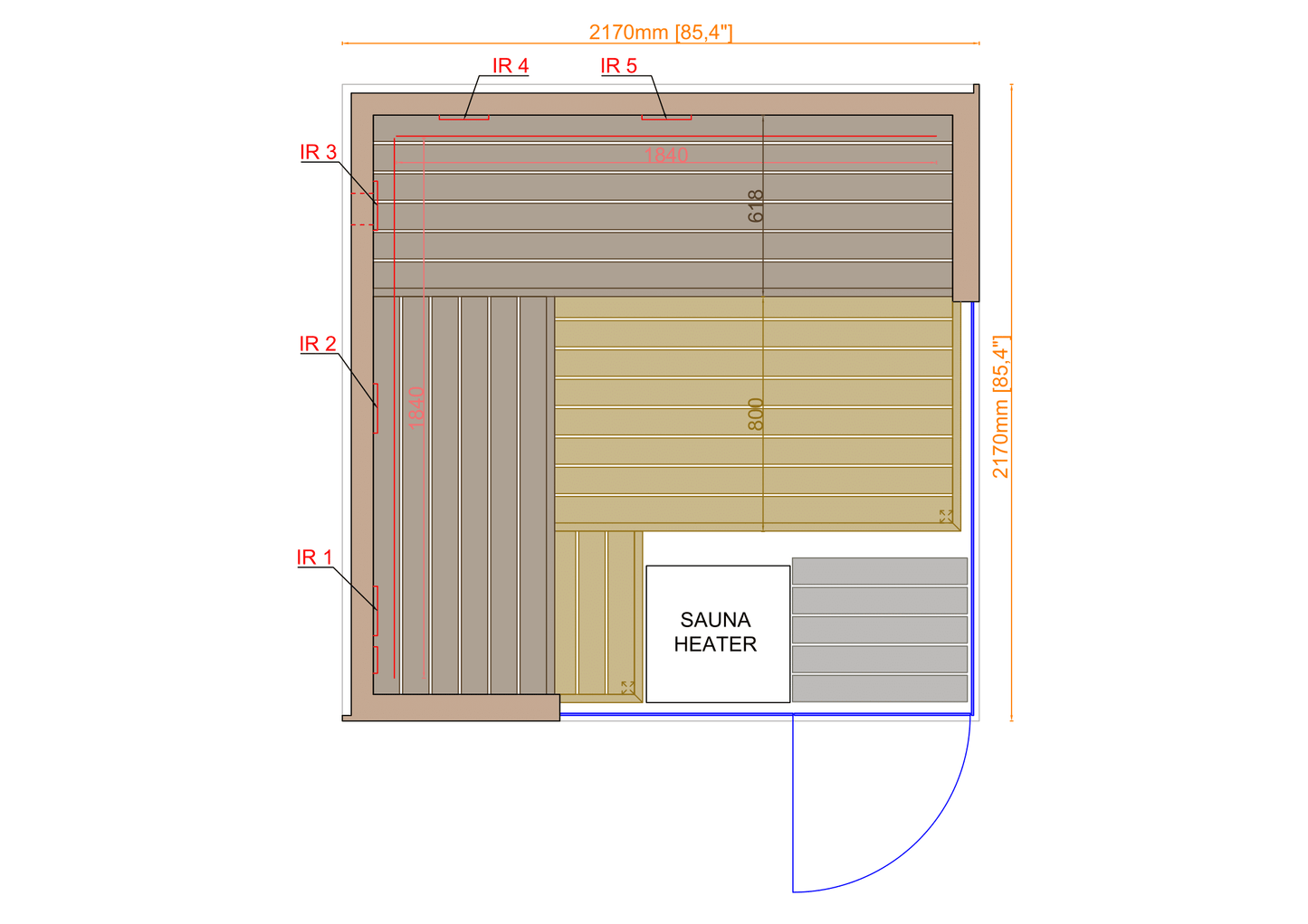 Thermasol Astra - Glass and Wood Panel Corner Layout, 3-4 Person, Indoor Sauna