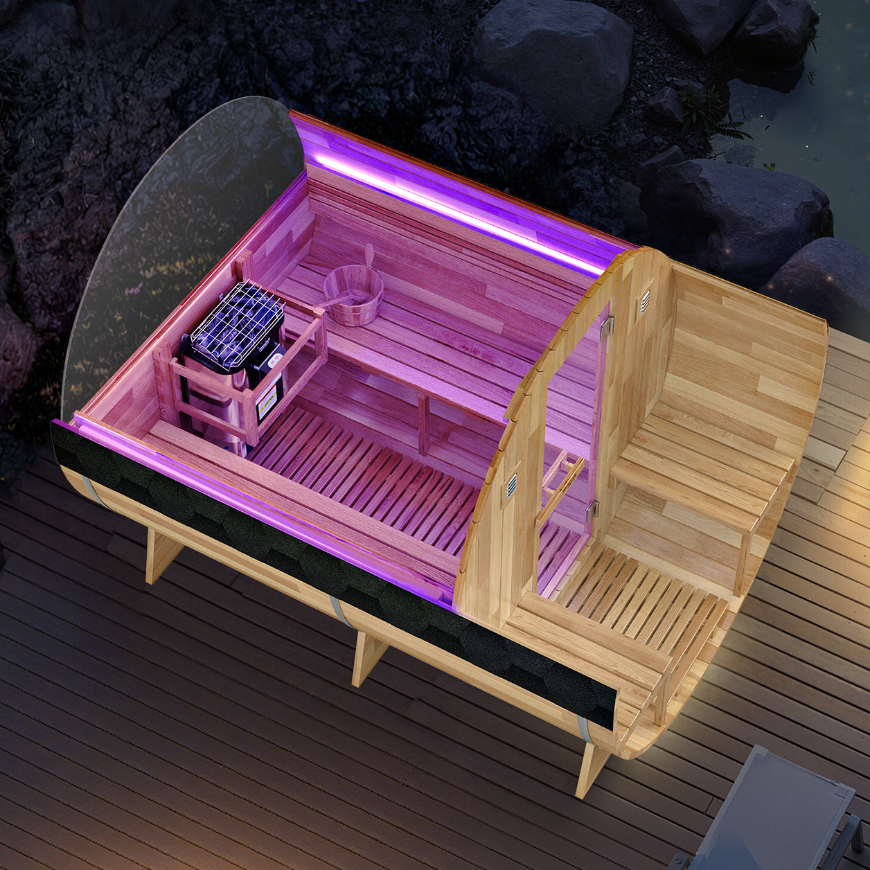 4-6 Person Outdoor Barrel Sauna in Cedar with Built-in ETL-Certified 6.2kW Rock Heater, Panoramic View, and Non-Curved Design