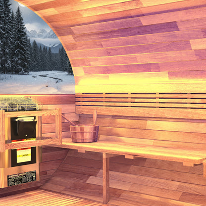 4-6 Person Outdoor Barrel Sauna in Cedar with Built-in ETL-Certified 6.2kW Rock Heater, Panoramic View, and Non-Curved Design