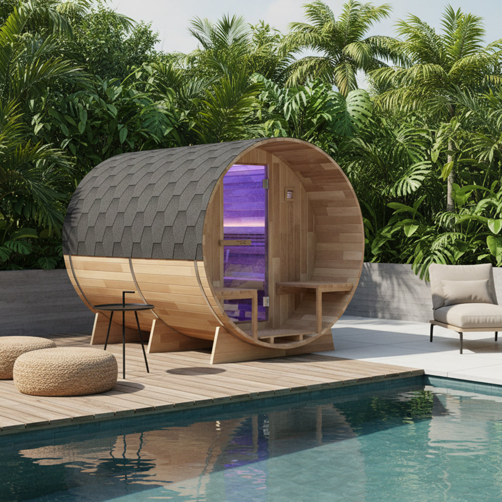 4-6 Person Outdoor Barrel Sauna in Cedar with Built-in ETL-Certified 6.2kW Rock Heater, Panoramic View, and Non-Curved Design