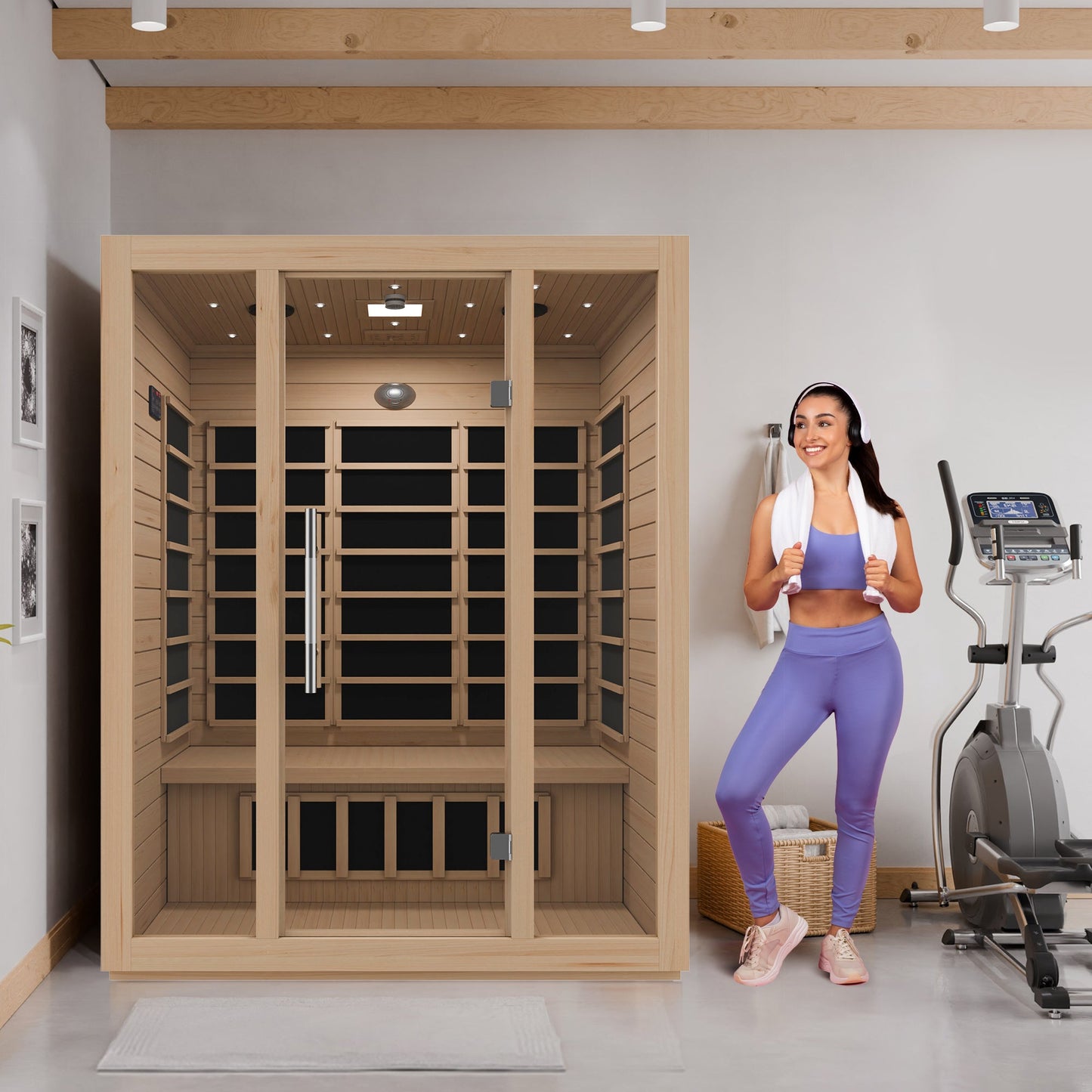 Maldives 3- Person Indoor Hemlock Wooden Carbon FAR Infrared Home Sauna Room with LED Touch Control Panel and Heater