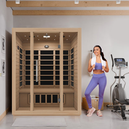 Maldives 3- Person Indoor Hemlock Wooden Carbon FAR Infrared Home Sauna Room with LED Touch Control Panel and Heater