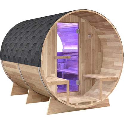 4-6 Person Outdoor Barrel Sauna in Cedar with Built-in ETL-Certified 6.2kW Rock Heater, Panoramic View, and Non-Curved Design