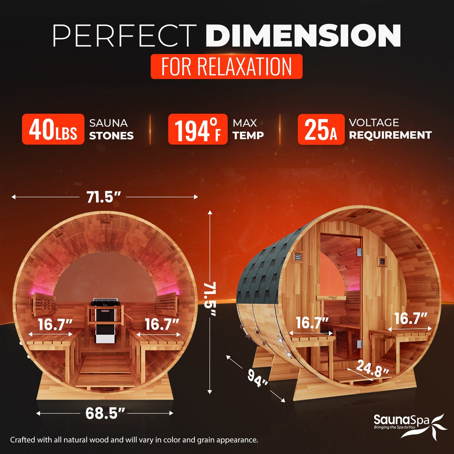 4-6 Person Outdoor Barrel Sauna in Cedar with Built-in ETL-Certified 6.2kW Rock Heater, Panoramic View, and Non-Curved Design