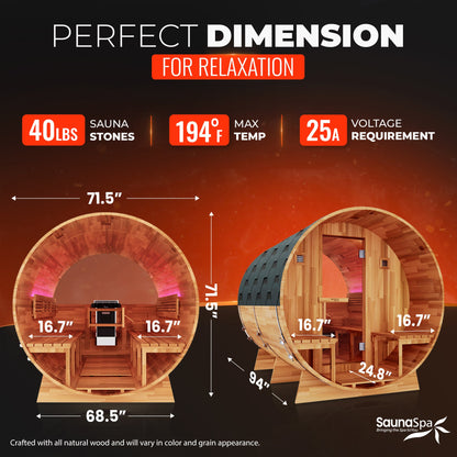 4-6 Person Outdoor Barrel Sauna in Cedar with Built-in ETL-Certified 6.2kW Rock Heater, Panoramic View, and Non-Curved Design