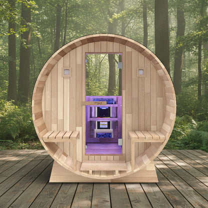 4-6 Person Outdoor Barrel Sauna in Cedar with Built-in ETL-Certified 6.2kW Rock Heater, Panoramic View, and Non-Curved Design