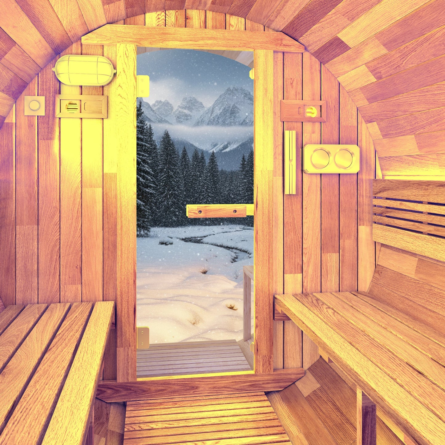 4-6 Person Outdoor Barrel Sauna in Cedar with Built-in ETL-Certified 6.2kW Rock Heater, Panoramic View, and Non-Curved Design