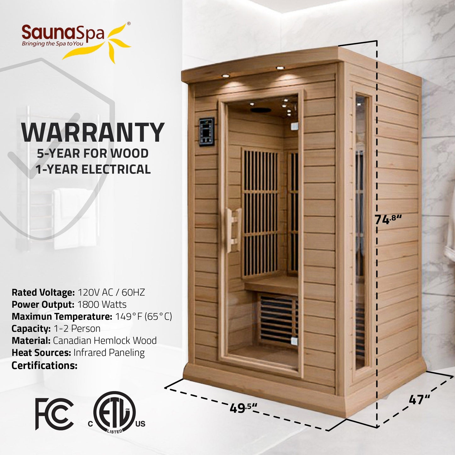 Seychelles 2-Person Carbon FAR Infrared Infrared Hemlock Wooden Indoor Home Sauna Room with LED Touch Control Panel