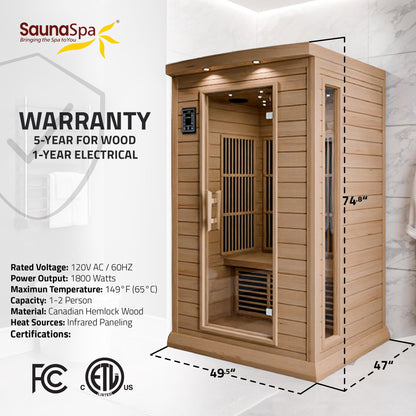 Seychelles 2-Person Carbon FAR Infrared Infrared Hemlock Wooden Indoor Home Sauna Room with LED Touch Control Panel