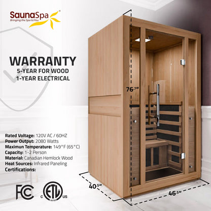 Fiji 2-Person Carbon FAR Infrared Hemlock Wooden Indoor Home Sauna Room with LED Touch Control Panel