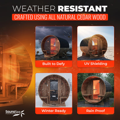 4-6 Person Outdoor Barrel Sauna in Cedar with Built-in ETL-Certified 6.2kW Rock Heater, Panoramic View, and Non-Curved Design
