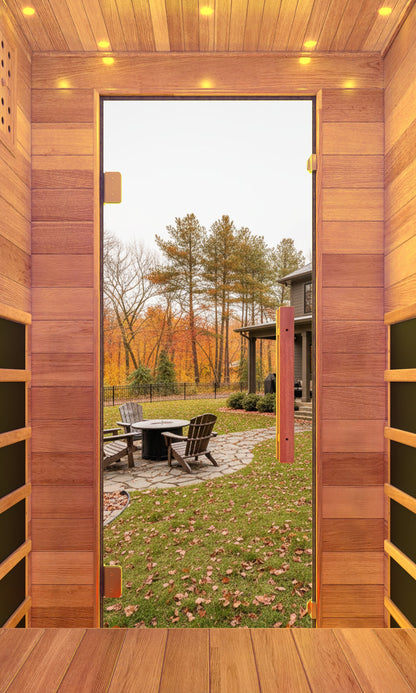 2-Person Outdoor Cabin Sauna in Red Cedar and Hemlock with Far Infrared, Starry Night Lights, and Touch Pad Controller