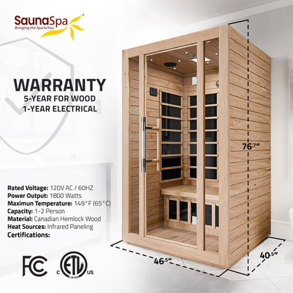 Maldives 2-Person Indoor Hemlock Wooden Low EMF Carbon FAR Infrared Home Sauna Room with LED Touch Control Panel