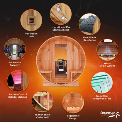 4-6 Person Outdoor Barrel Sauna in Cedar with Built-in ETL-Certified 6.2kW Rock Heater, Panoramic View, and Non-Curved Design