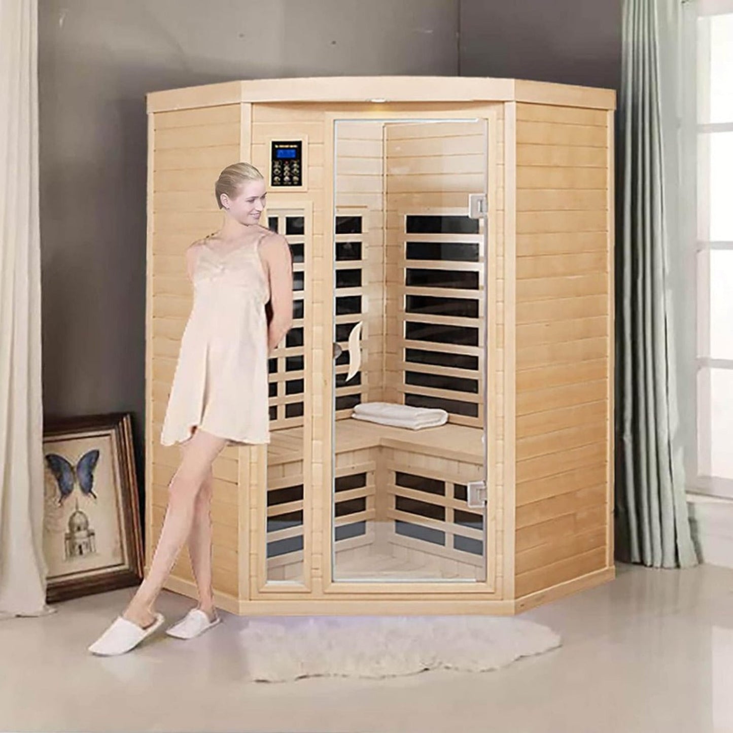 Thermora Premium 2-Person Corner Space Infrared Wooden Sauna Room With Bluetooth Speakers, 1600W (SAK81524)