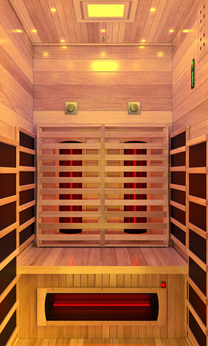 2-Person Outdoor Cabin Sauna in Red Cedar and Hemlock with Far Infrared, Starry Night Lights, and Touch Pad Controller