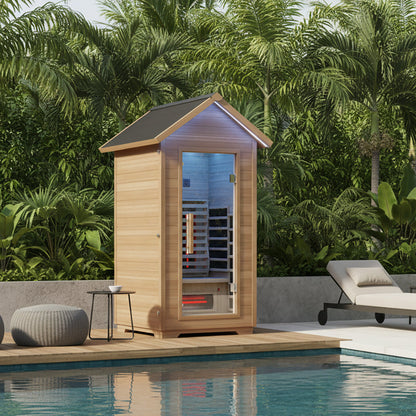 2-Person Outdoor Cabin Sauna in Red Cedar and Hemlock with Far Infrared, Starry Night Lights, and Touch Pad Controller